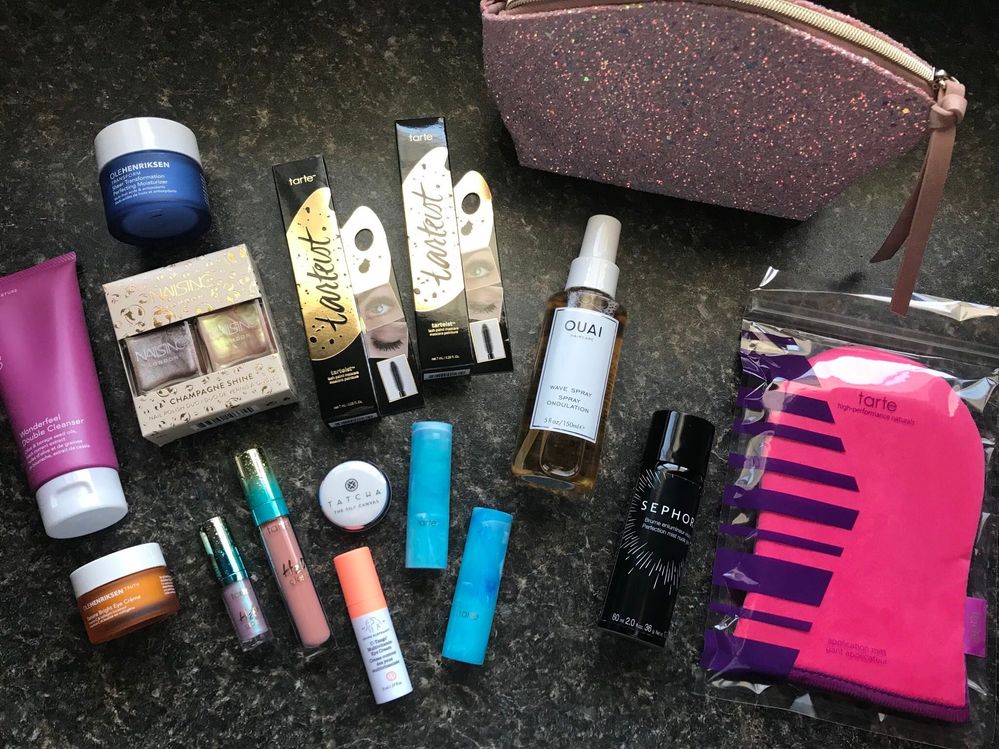 Tarte sale haul: $12 cad!!! Lash paint mascara, Colour splash lipstick in Rum Punch, Tanning mitt (the best tanning mitt).  Sephora (sale) haul: SC Ocean Crush makeup bag, SC Nude Glow mist, Ouai wave spray, Tarte Colour Splash in Salt Lyfe, Tarte H20 lip glass in Sundress and Fiji (new fave gloss), Ole Henriksen 3 makeup wonder, Nails Inc Champagne duo.