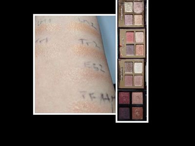 Swatches of #1 and #2 shades of Charlotte Tilbury Legendary Muse, TransformEyes, ExaggerEyes, and Tom Ford Honeymoon