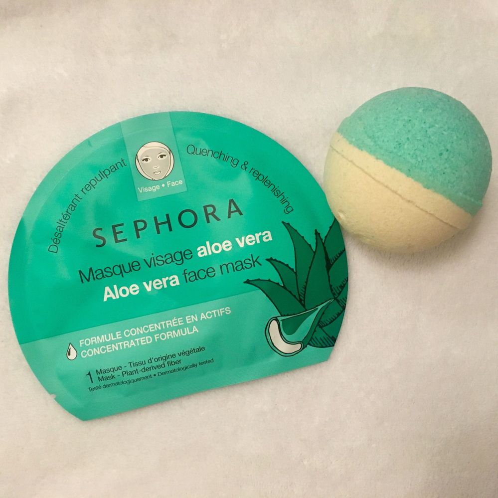 Sephora Aloe vera face mask and Sol de Janeiro bath bomb