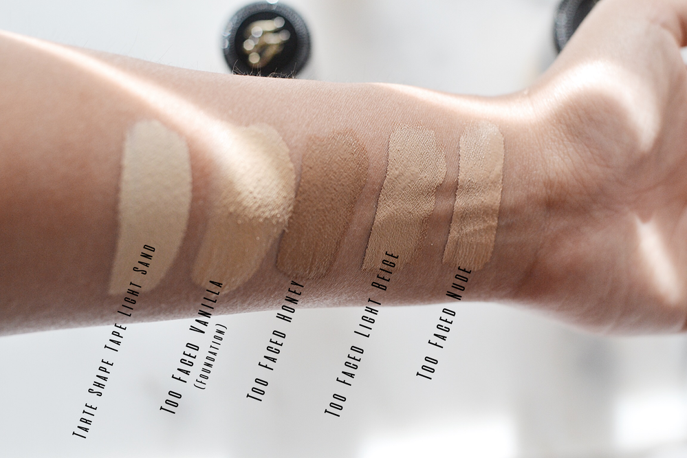 Comparison swatches with Tarte Shape Tape in Light Sand and Too Faced Foundation in Vanilla