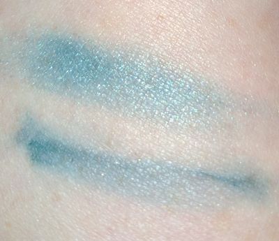 Swatches with flash: Verderame (top) and Bleu Nuit (bottom) as they look on me when worn.