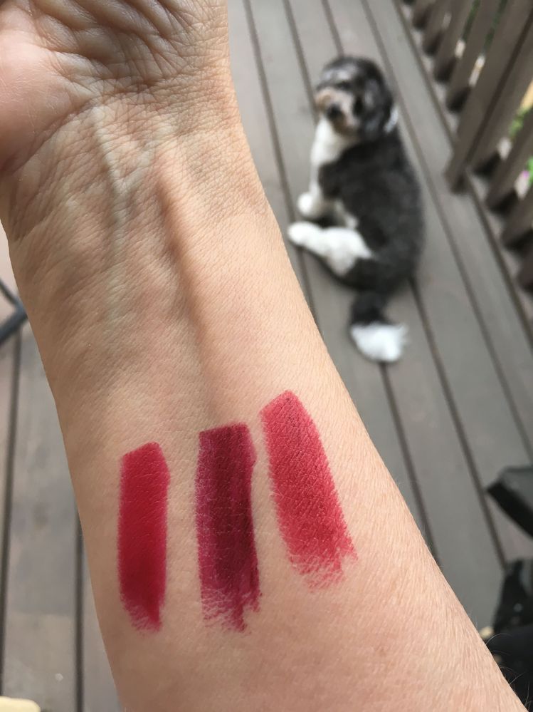 Shiseido Power matte L to R- Exotic Red, Velvet Rope, Mellow Drama ( pup in background oops!)
