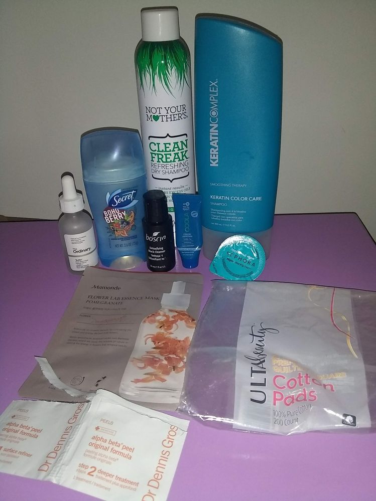 Ordinary Buffet, Secret Deodorant, Not Your Mother's Clean freak Dry Shampoo, KeratinComplex Color Care shampoo, Boscia Detoxifying Black Charcoal cleanser, Coola Sport Face White Tea sunscreen, Sephora Algae sleeping mask, Mamonde Pomegranate Flower Lab Essence Mask, Ulta cotton squares, DDG Original Alpha Beta Peel Pads