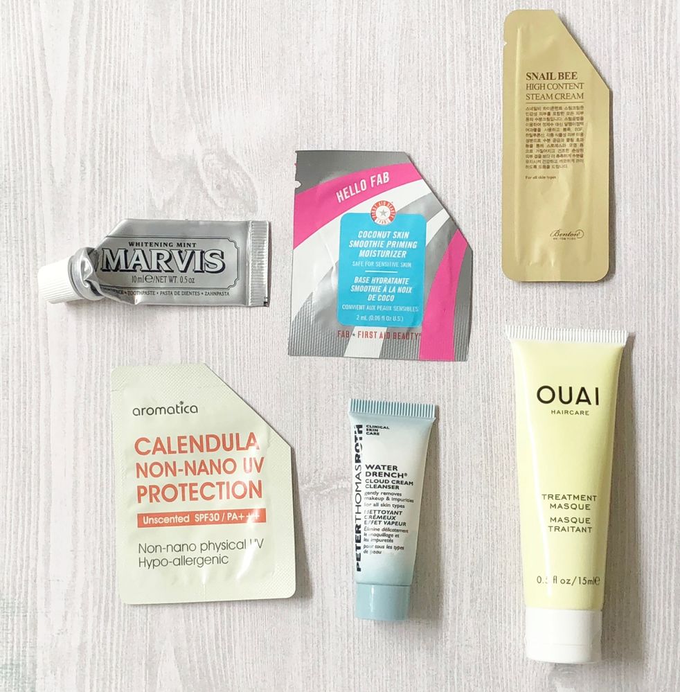 Marvis Whitening Mint Toothpaste; First Aid Beauty Hello FAB Coconut Skin Smoothing Priming Moisturizer; Benton Snail Steam Cream; Aromatica Calendula Non-Nano UV Protection; Peter Thomas Roth Water Drench Cleanser; and Ouai Haircare Treatment Masque