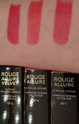 L-R: Chanel Rouge Allure No 5, No 4, No 1
