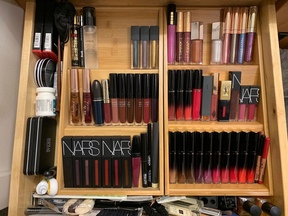 All liquid lipsticks are in 2 in-drawer spice racks, inside a drawer.
