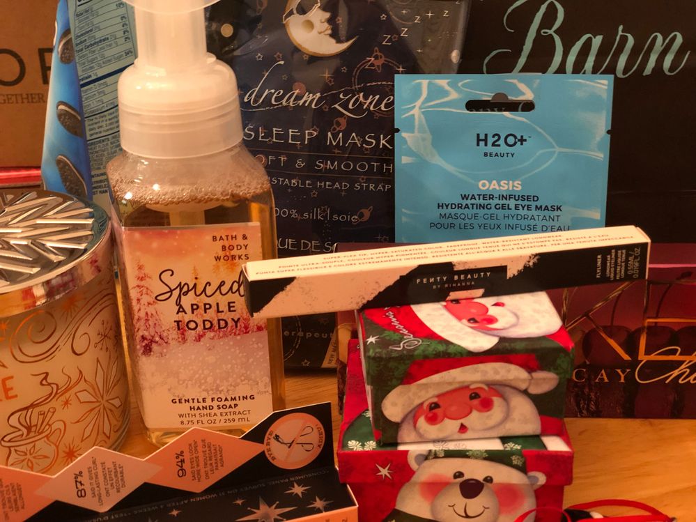 I tried to capture it all in one photo, but there was so much!! Pictured here: a new Spiced Apple Toddy candle, and hand soap (which I really needed!!). I also received a sleep mask and an H20 eye mask (which I can always, always use for the endless bags, lol). And a brand new Roller Lash, which is my favorite mascara of all time.