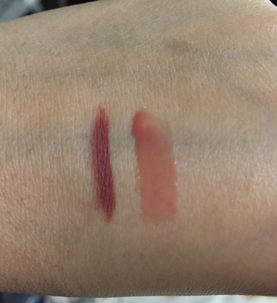 Swatches of the Buxom lip pencil in “Hush Hush” and lip creme in “Hot Toddy”