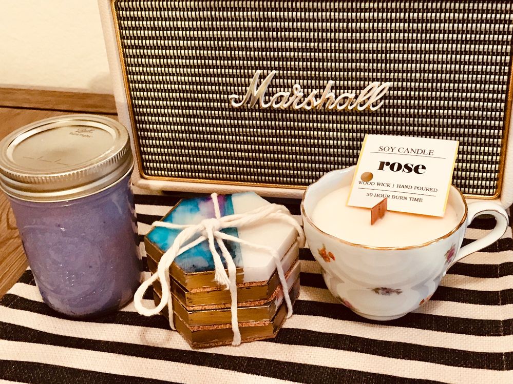 My friend made all lavender scrub, candle, and coasters.