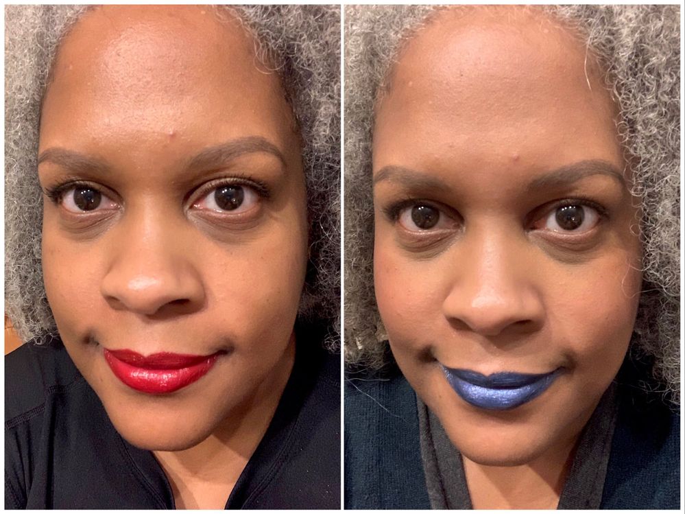 L: Black Up Lipstick in No. 16. R: MAC Frost in Designer Blue.
