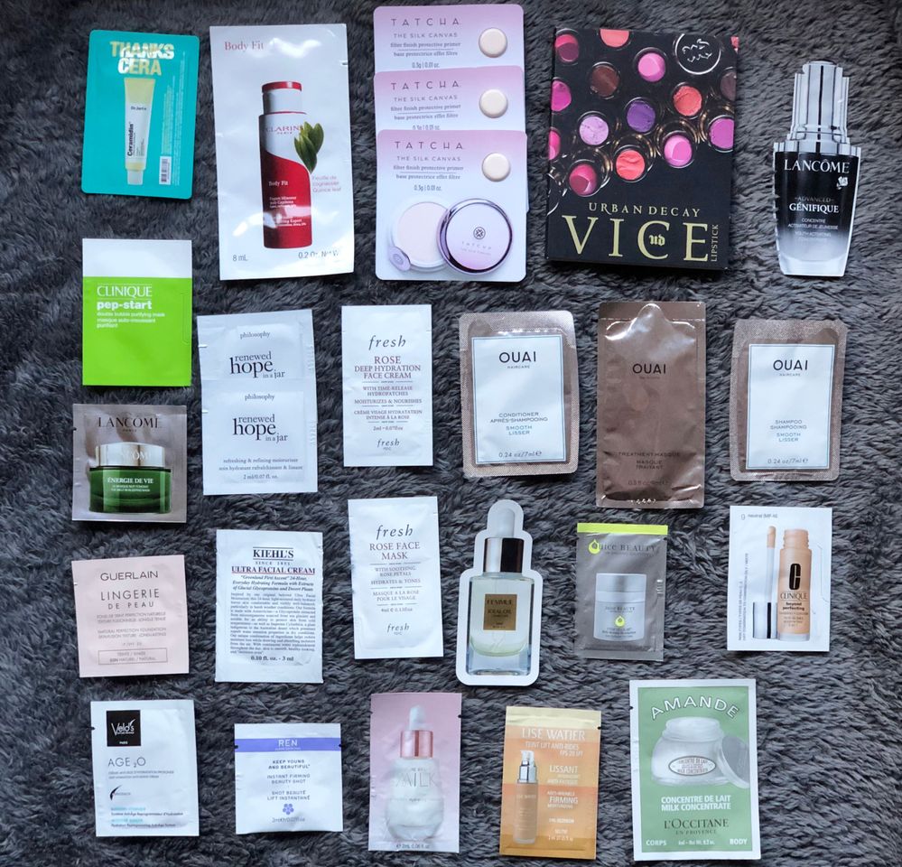 Skincare, makeup, hair and body care samples - perfect for my work trips!