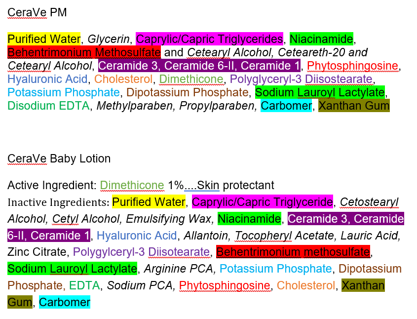 Same ingredients highlighted/colored. Ingredients not in the other formulation are italicized