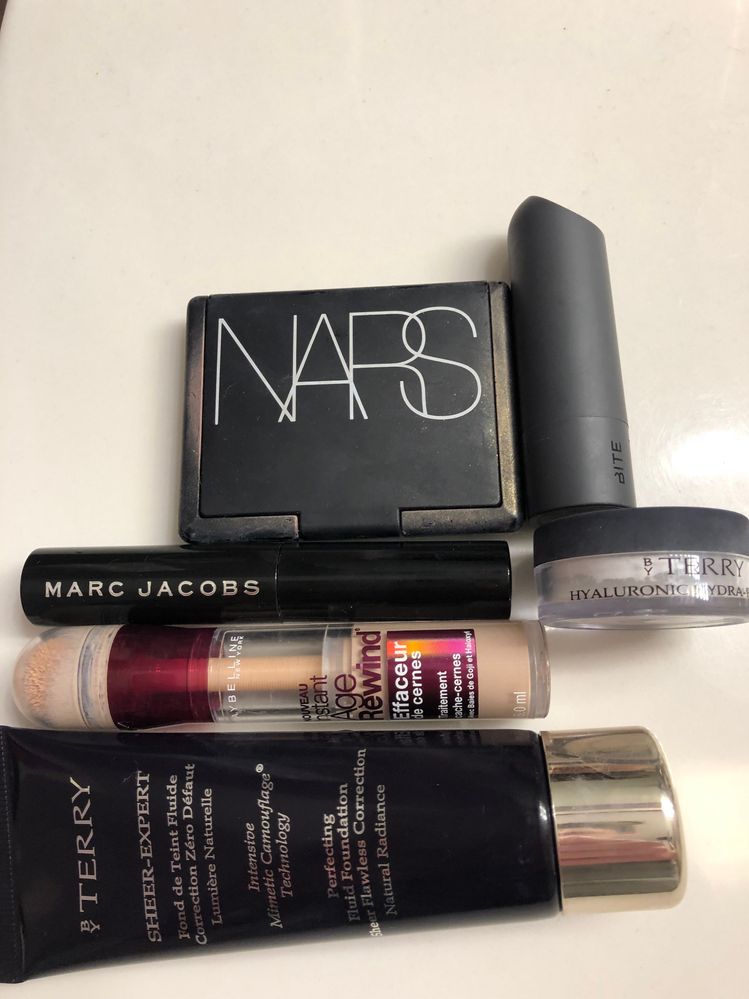 Makeup favs- by terry sheer expert,Maybelline age rewind, Marc Jacobs velvet noir, by terry hydrapowder, Bite amuse bouche in sake and nars orgasm blush