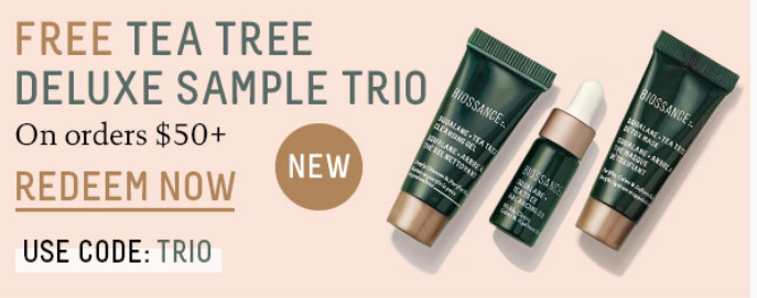 Receive 3 Tea Tree Deluxe Samples: Squalane + Tea Tree Cleansing Gel (7.5 mL), Squalane + Tea Tree Detox Mask (7.5 mL), Squalane + Tea Tree Balancing Oil (4 mL) on orders $50+. Promotion ends 3/14 at 11:59pm PT.