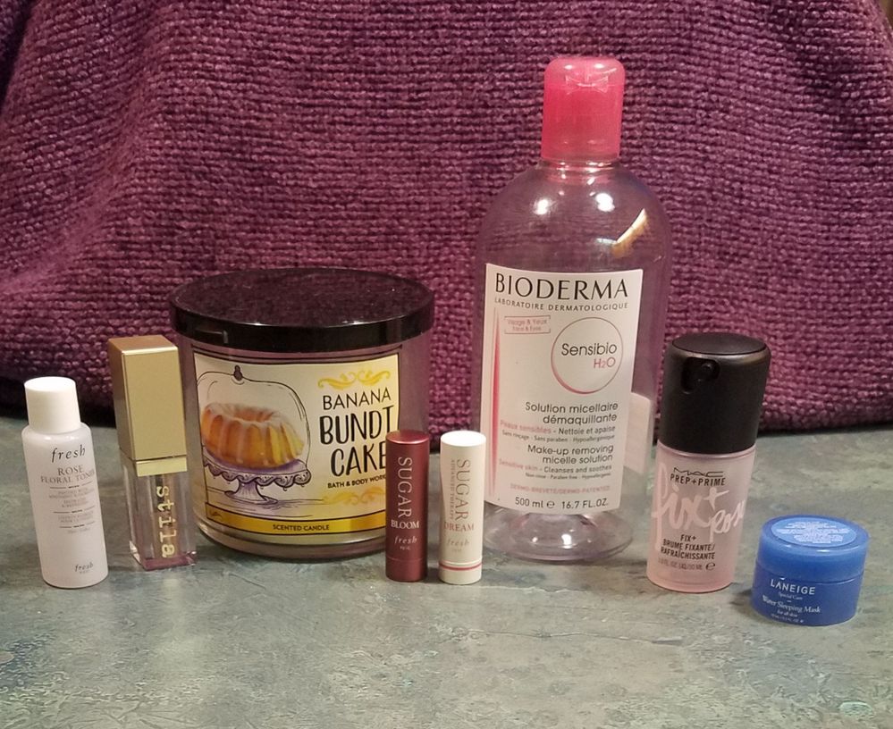 All great!  The Fresh Rose toner was soothing, the Fresh lip balms always live in my purse, and I was surprised by how long the little Laneige mask lasted me.  The Stila Glitter and Glow in "Wanderlust" is a favorite of mine so I was glad that I had a backup and I've already repurchased a new backup!  The Bath and Body Works banana candle made my bathroom smell like banana bread (not mad about it), the Bioderma is a staple, and I enjoyed the Mac Fix+ Rose scent (although I like the Lavender the best).