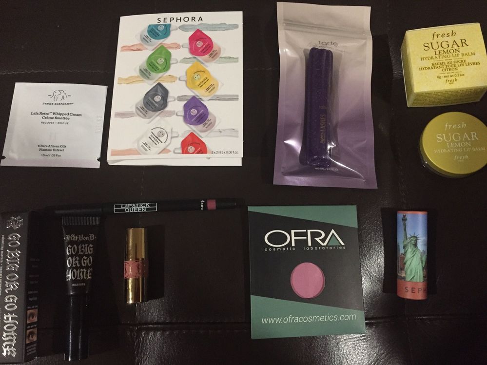 From Sephora, I bought the Fresh Sugar Lemon hydrating lip balm and Sephora lipstick in “Sephora Loves NY,” redeemed points for Tarte mascara and YSL mini lipstick, got the Kat Von D mascara with $25 purchase, and chose the Drunk Elephant facial moisturizer and Sephora clay masks as my samples. From Ulta, I got the Ofra Cosmetics blush in “Crazy Pink” and from Marshall’s, I found the Lipstick Queen lip liner in “Mauve” for only $3.99!