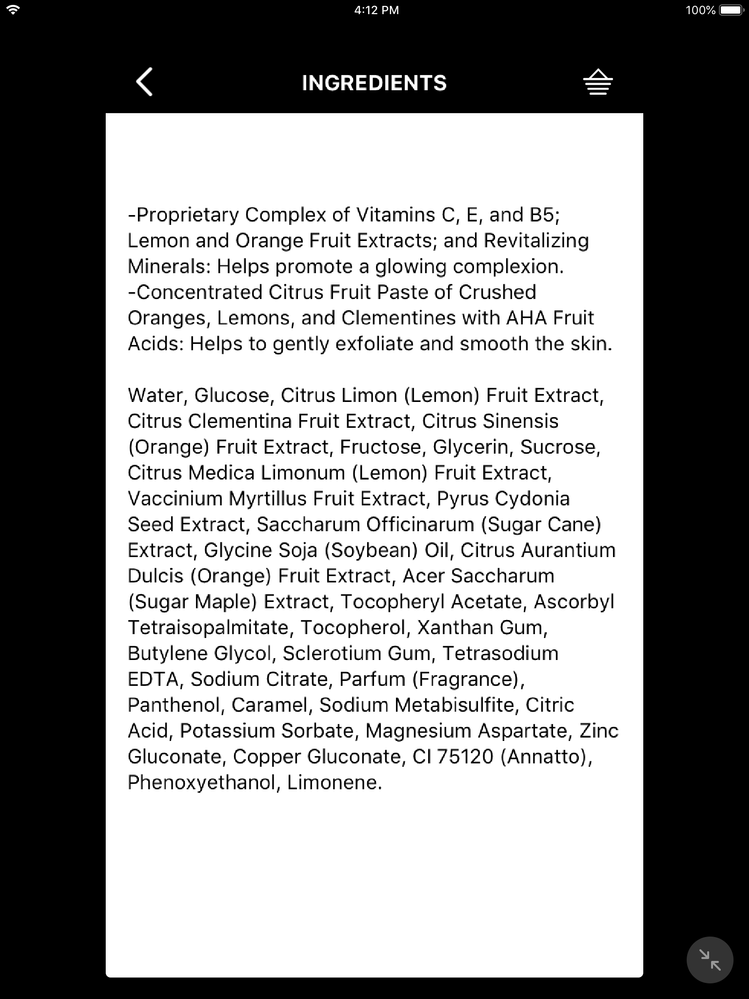 Ingredients list for the Fresh Vitamin Nectar mask