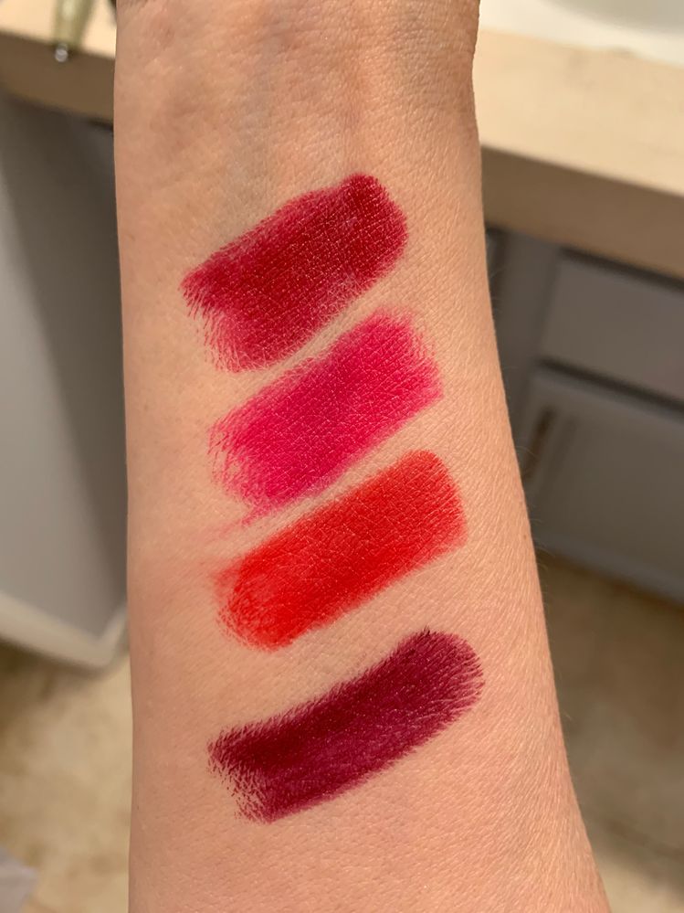 Top to bottom: Louisa, Love Before Breakfast, Goldie Red, Ivy Dark Red