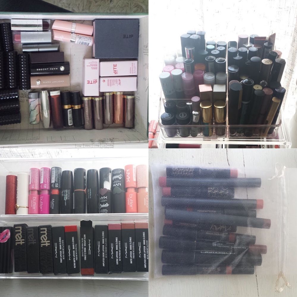 Some in box, some in stacking trays plus lippie pencils in a bag