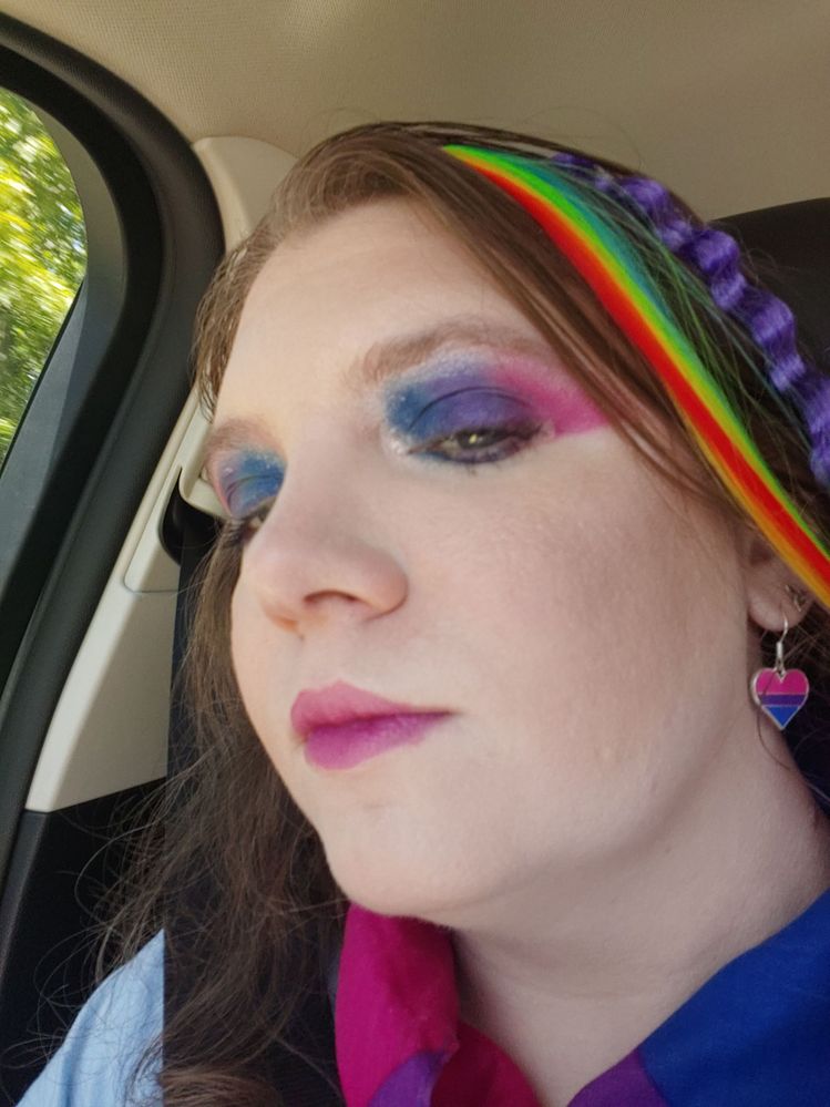 Bi Pride flag on my eyes and my rainbow clip in extensions for Providence Pride!