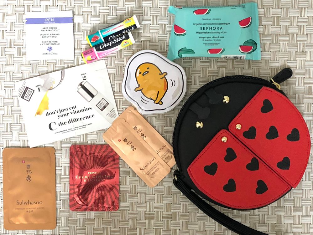 How cute is this lady bug wristlet?!! And look, Gudetama, watermelon, Sulwhasoo, snail and chapstick?! So much goodness here!