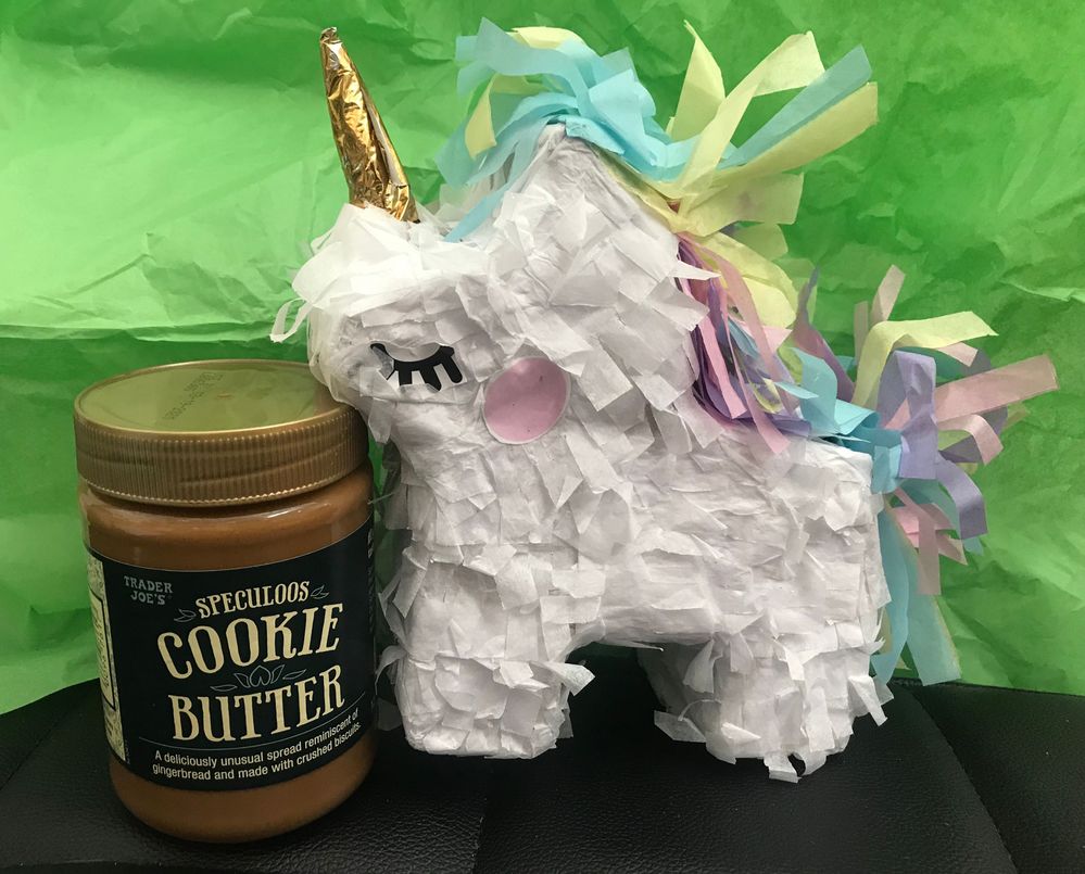 A unicorn Pinjata that will be loved and not beaten!  (He likes cookie butter too!)