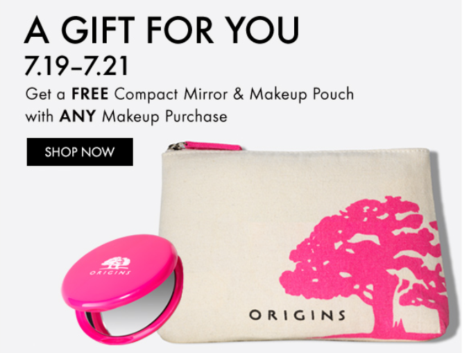 Offer begins on 7/19/2019 at 06:00 AM EST and ends on 7/22/2019 at 06:00 AM EST. Get a free makeup bag and compact mirror with any makeup purchase, no code needed.