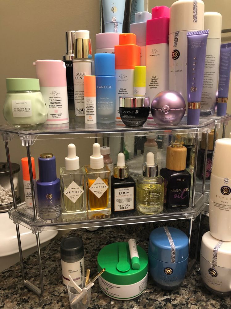 Go-to’s top shelf, middle shelf oils, cleansers on the botton