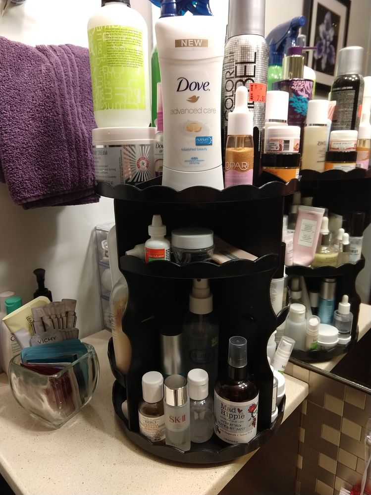 Top: deo + body and hair glitter. What a fantastic shelf lol. Middle: eye drops, sleeping mask, misc tiny stuff like safety pins. Bottom: essences and toners.
