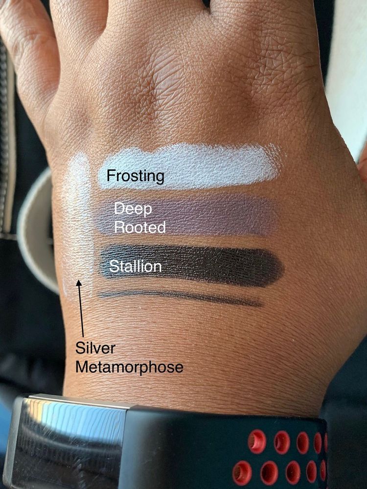 Lancôme Silver Metamorphose, a discontinued bullet shade. All others are MAC bullet shades.