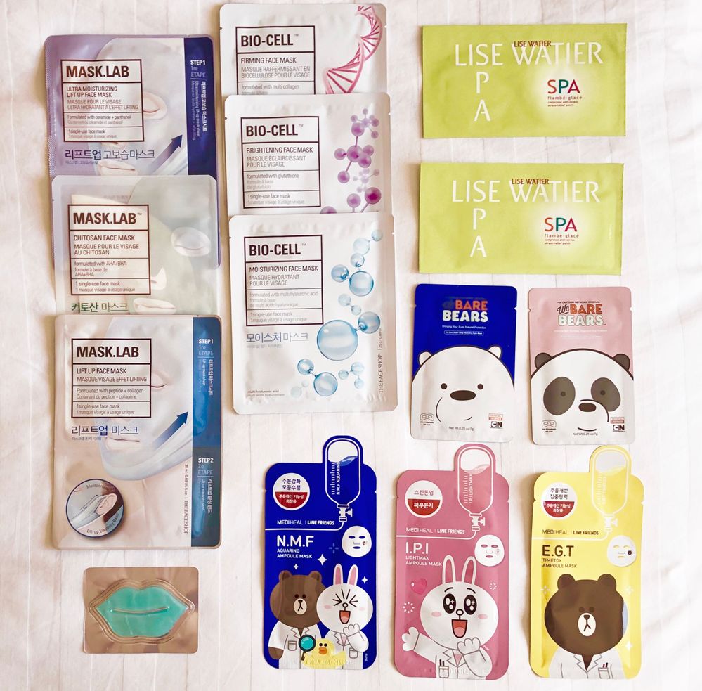 Who doesn’t like Mediheal and The Face Shop?!! Masks from these brands are staples in my mask library and I am excited to add these to it. The We Bare Bears masks are from Miniso; there’s a store near me but, either it doesn’t stock these masks or I miss out on it whenever I stop by, which hasn’t been very often over the last few months. Now I have some to try, and Lise Watier too!