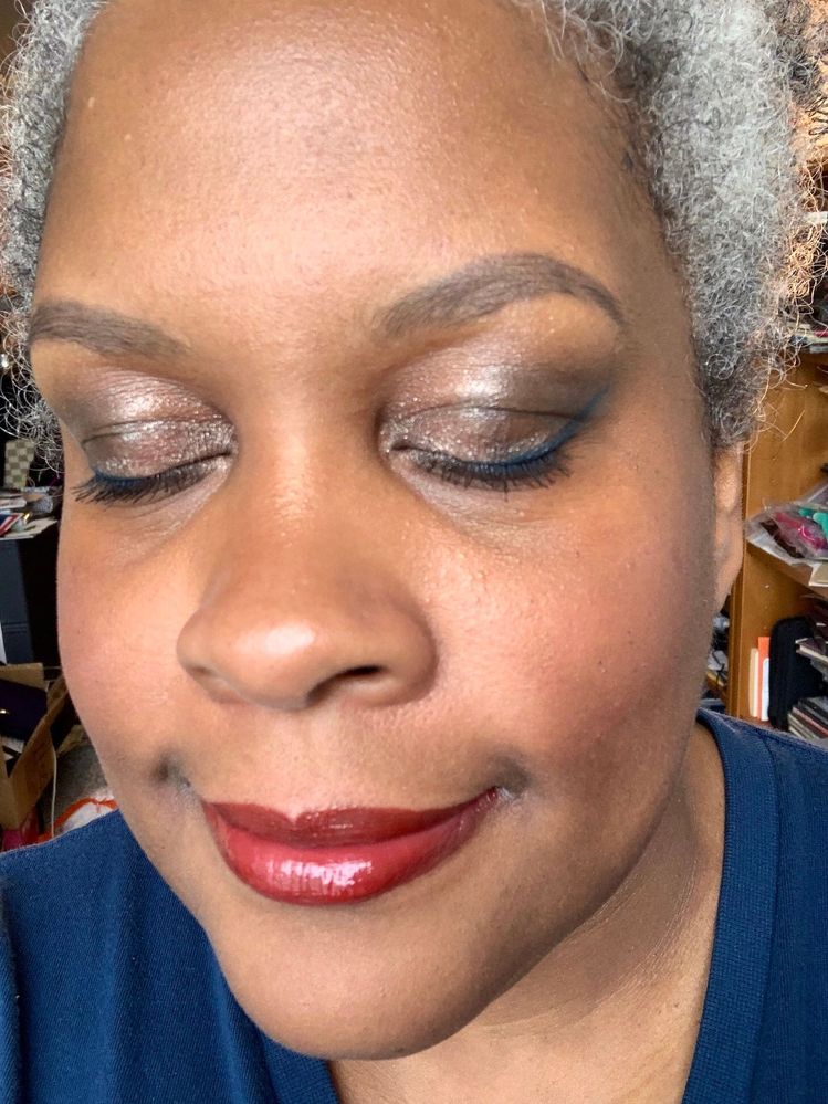 June 2019: Bobbi Brown Golden Pink and PMG Dark Matter Pigment, with an Urban Decay blue eyeliner.