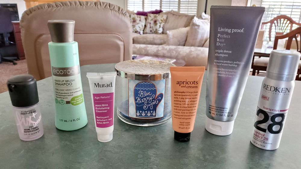 The EcoTools brush cleaner was a little "meh" for me and I thought that the Murad cleanser was altogether pathetic.  It wouldn't be a montly Empties from me without a B&BW candle and this one in Blueberry Sugar (limited edition, sadly) is one of my all time favorites!  I have a small stash of them that I dip into once in awhile, sparingly.  I love the Philosophy apricot hand cream and I like the Living Proof Triple Detox Shampoo pretty well, enough that I have another one that I'm working on now.  Finally, I really like the Redken hairspray mini so I went ahead and just bought the full size.