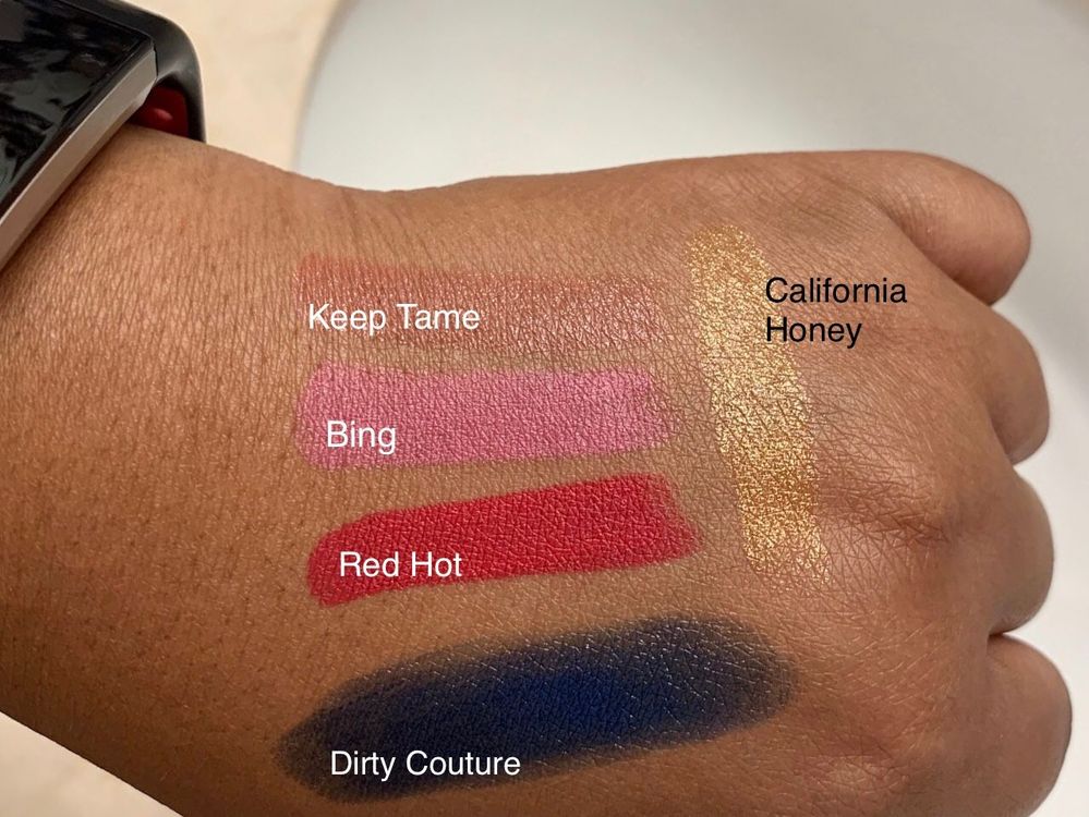 UD Sweet Little Vices swatches, plus a Miss Fame swatch.