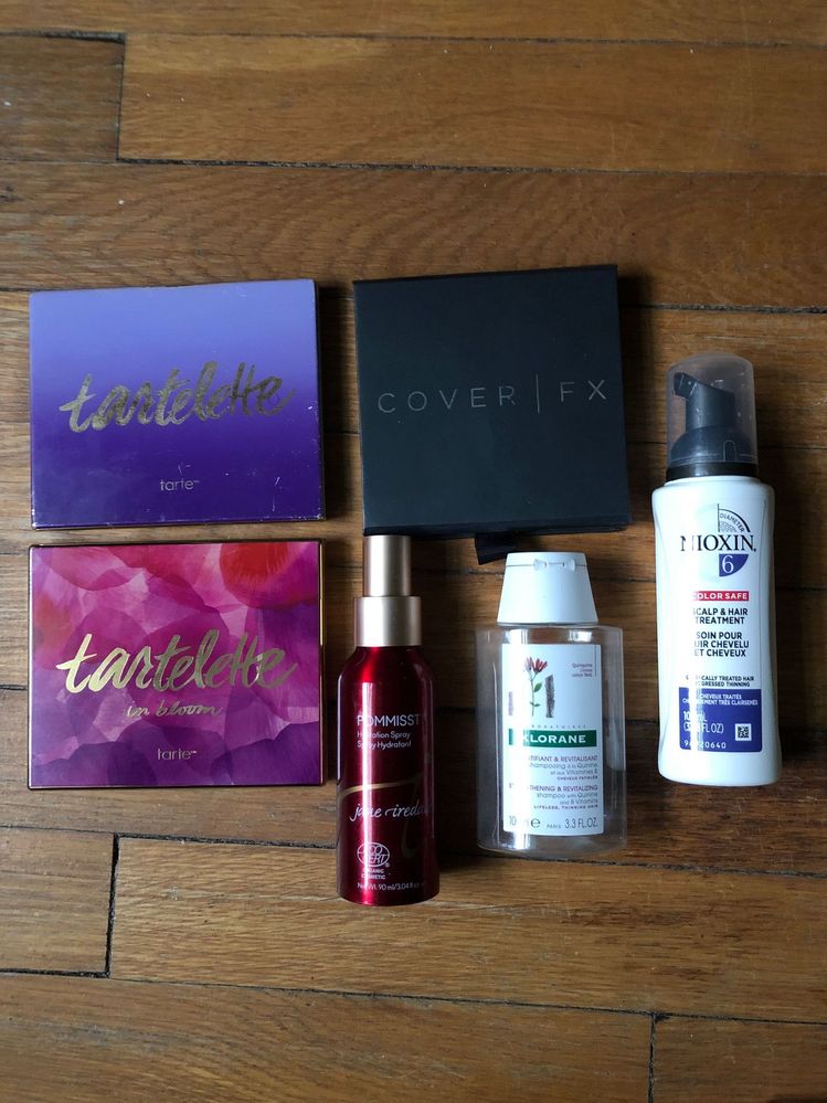 Tartelette Palette, Tartelette in Bloom Palette, Cover FX Contour Kit, Jane Iredale Pommist Hydration Spray, Klorane Strengthening & Revitalizing Shampoo, Nioxin Scalp & Hair Treatment