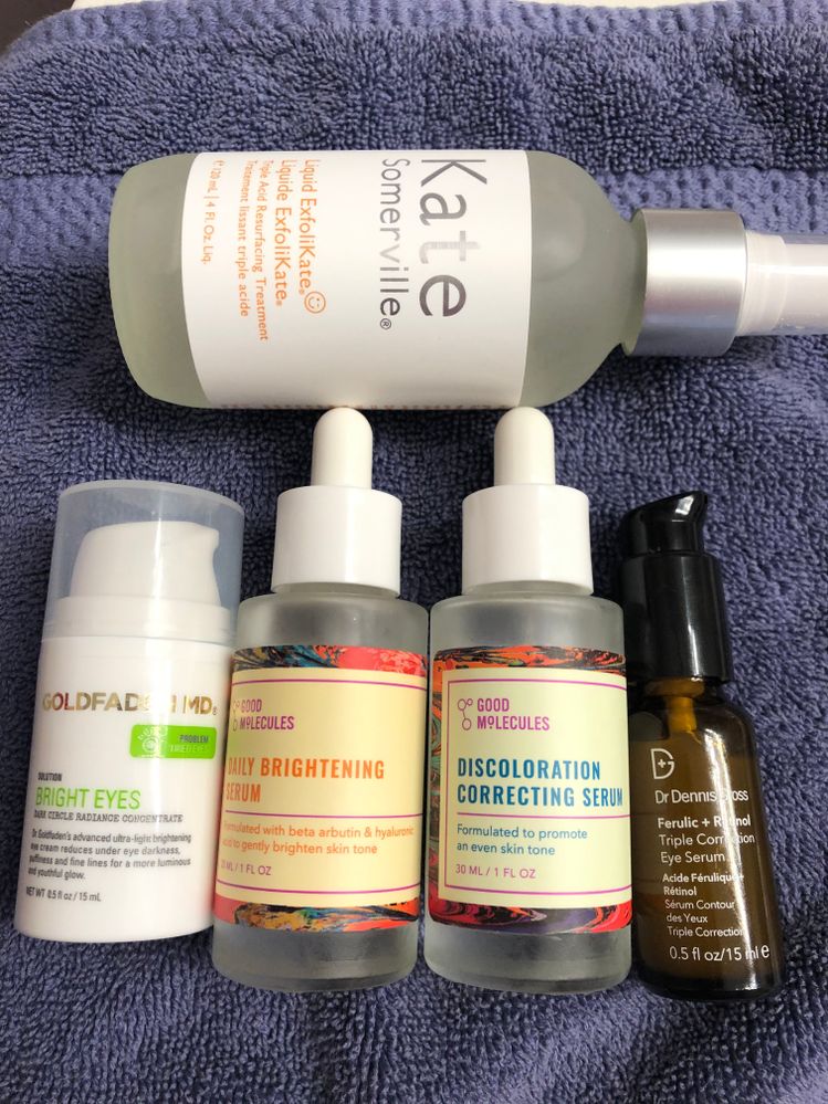 Skincare- I’m working on sticking with a routine and seeing if I get results with consistent use of products. The eye cream was an Ipsy box pick and it s great in the am for a bright eye. The good molecules serums are new and I’ve been using about 6 week once a day in am. Definitely gives a boost of hydration and brightening which I love. The dr Dennis gross eye serum was from the kit. I thought it was such a good deal to get over products to try along with the full size. The Kate Somerville is amazing! Skin is bright smooth and clear, never irritates or stings. Use am/pm. I love that it has a pump so I can apply to cotton round or directly in palm of my hand.