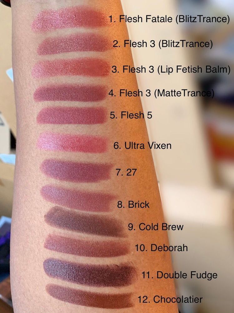 1-6 are PMG; 7, 8, & 12 are ColourPop Lux bullets; 9 is NYX Suede Matte; 10 is NARS Audacious; 11 is MAC Liptensity.