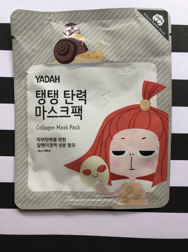 C - collagen - this one is nice (thanks @itsfi!) It feels a little heavier than other sheet masks and it stays on my skin even iwth it bieng thicker. Along with green tea, I really like snail in skincare, especially masks so I was looking forward to this one. It didnt' disappoint.