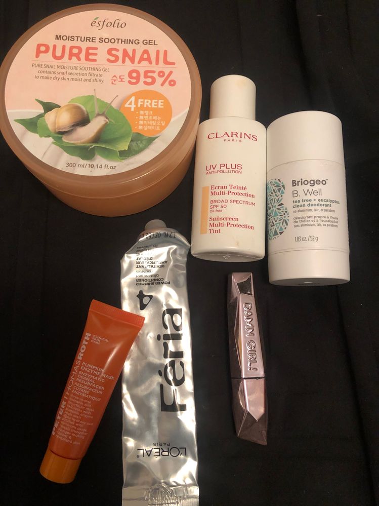 Loves!  The snail jelly was like 4 bucks and I used it as a body moisturizer/serum.  The Clarins SPF is my go to tinted sunscreen, it covers enough that I don't need a foundation and I enjoy the higher SPF.  The Briogio deodorant is a win for me.  The first few days I wasn't sure it would be enough for me ( I used to use clinical deodorants), but now that I'm done with this one, I've been trying more natural ones, and so far this is the best.  I don't love the scent, but it dissipates quick enough for me.  I'll end up purchasing.  Great Gratis from team Bic, Sephora and Briogio.  The TF Damn Girl... a love.  A gift from my secret Santa and I've already bought another!  The PTR pumpkin will be purchased.  It's a gem, and I love a good scrubby mask.