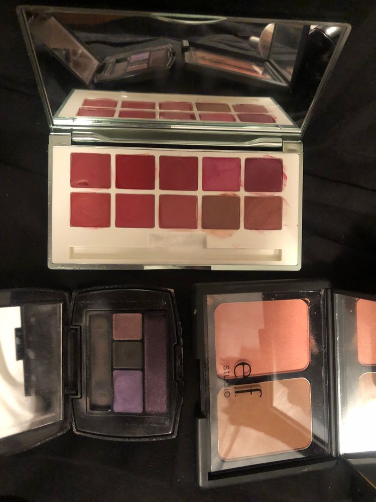 Inside of the palettes.  I don't use bronzer, I tried to pan the small shadows, with no real luck, and I'm not the gal who'll carry a lip brush around to use a palette.  I remember the boyfriend who gifted me this palette... I don't want to tell you how old it is, but I'm pretty sure my age has about doubled since then, yikes!