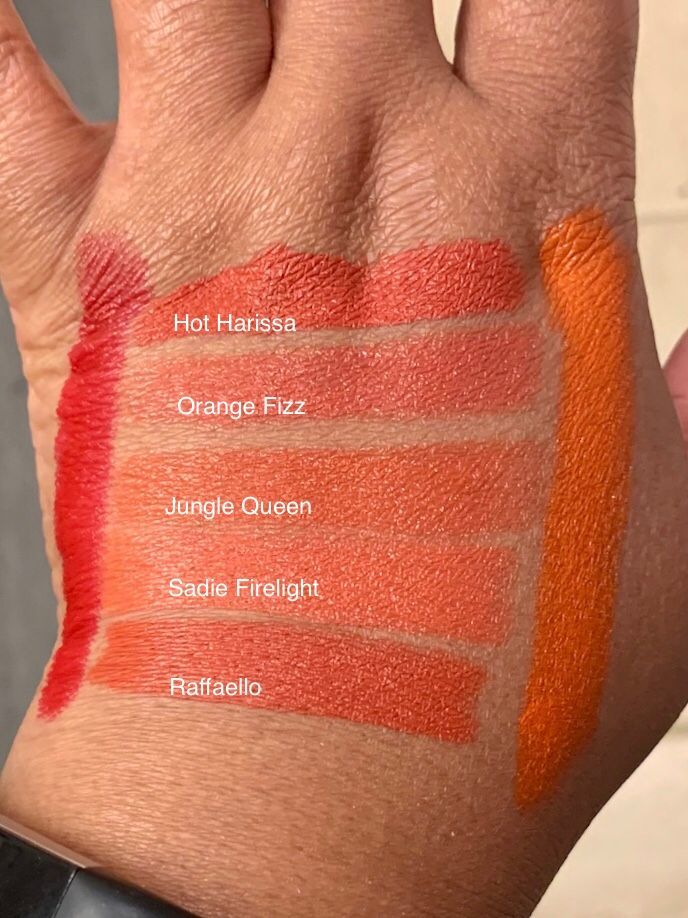 Top to bottom: Bite Amuse Bouche in Hot Harissa, Guerlain KissKiss in Orange Fizz, Lipstick Queen Jungle Queen, Gucci Rouge a Levres in Sadie Firelight, Lina Choo The Great Artist in Raffaello. Vertical swatches are just for color reference: MAC Satin in MAC Red and MUFE Artist Rouge in C304.