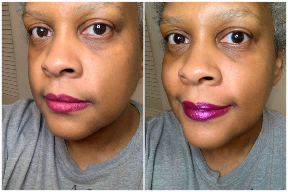 Left: Bobbi Brown Art Stick in Bright Raspberry. Right: same shade, topped with MAC Kiss of Stars in Starstruck. Noticeably not wearing any other makeup. :D