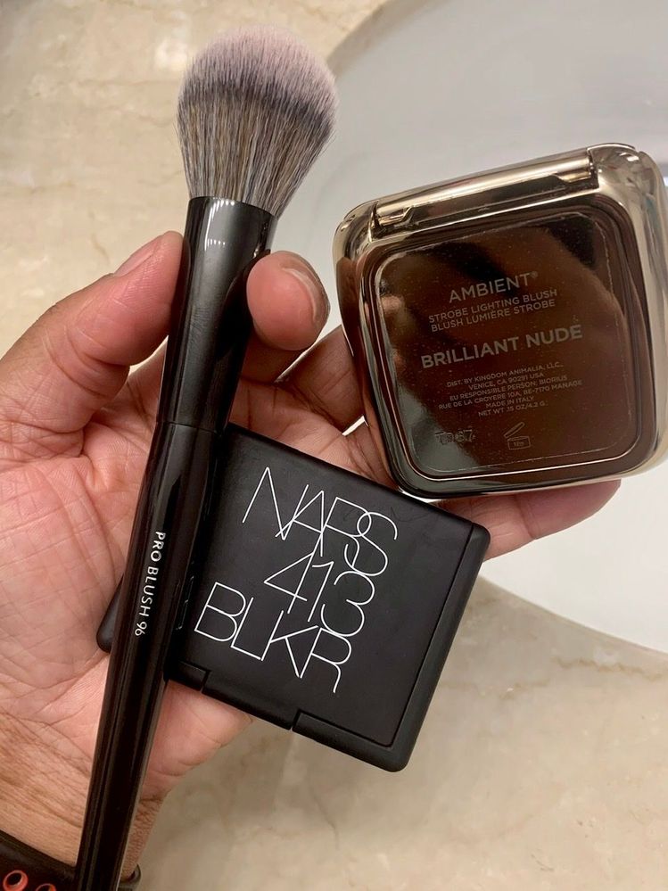 Brush used with NARS 413 BLKR blush and Hourglass Brilliant Nude strobe blush.