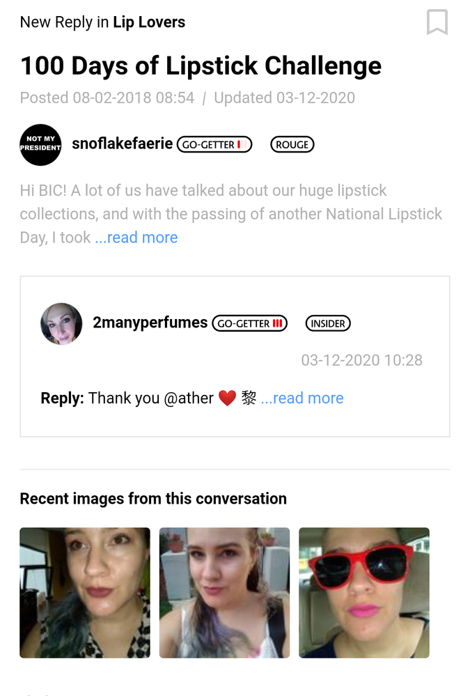 View of the Lipstick Challenge thread from the main feed. The three pics displayed are the very first ones Snoflakefaerie uploaded when she created it.