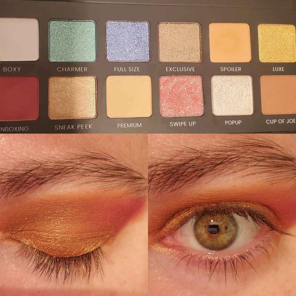 Played with blending Cup of Joe into Unboxing (which was much more pigmented today!). There's only a few mattes in this palette which makes me fave to repeat some for my quick eye routine. I used Sneak Peek on the lid (which is so pretty but such a pain to work with. It's one of those apply with a finger shades, blah. It goes in well, but gets everywhere, so even though it is pretty, I'm not a fan).