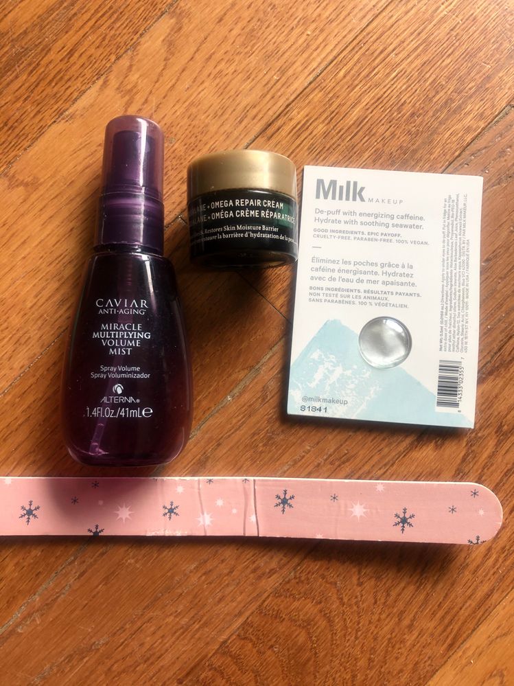 These were all meh/too hard to judge.  The Caviar volume spray.. I have waist length hair... a spray like this isn't going to add root volume.  The Biossance Repair cream I ordered in a Sephora Play box at Christmas, it was already beyond dried out.  The milk sample was just too hard to figure out how to get it onto my face.