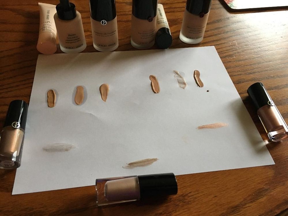 Foundations L-R: Neo Nude True to Skin Foundation 5.25; Maestro Fusion 5; Luminous Silk 4.75; Power Fabric 4.75; Luminous Silk Pimer, Power Fabric 5.25.  Eye tints counterclockwise- Rose Gold 44; Halo 46; Rose Ashes 11- all in natural (cloudy day) light