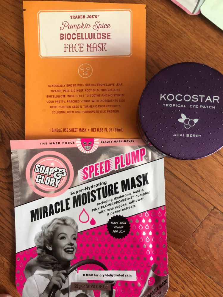 The Nopes.  These dang eye patches... they slide everywhere and don't really do much.  I wanted to love the TJ mask so much, but the scent was a no and I pulled it off after a couple minutes I really hate that I hated it.  The Soap and Glory was awful and I'm sad that I have more masks from the brand.  Fingers crossed they're better!