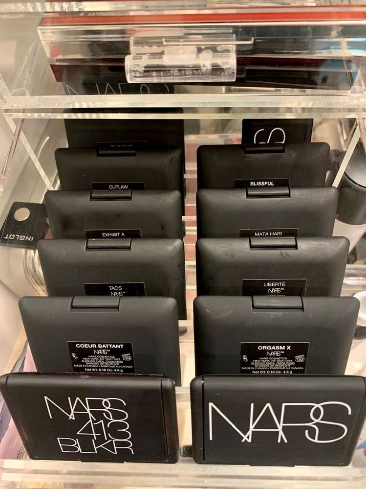 I’m a big fan of NARS’s matte black packaging. These are all blushes. I bought 2 of the new shades; once I memorize their position in this drawer, I might flip all the blushes back around to front-facing.