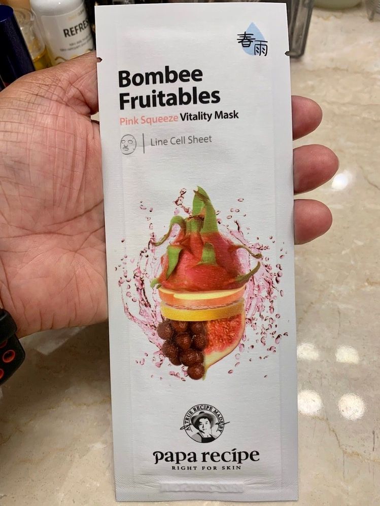 Papa Recipe Bombee Fruitables Pink Squeeze mask. I love the slim sleeves and fruit designs on this whole line of masks.